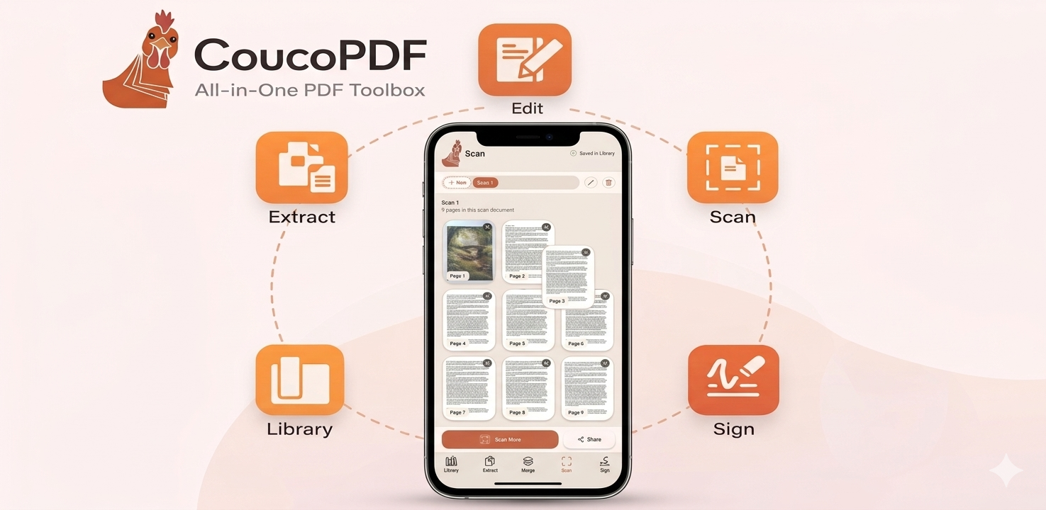 CoucoPDF feature overview showing Library, Extract, Edit, Scan, Merge, and Sign tools